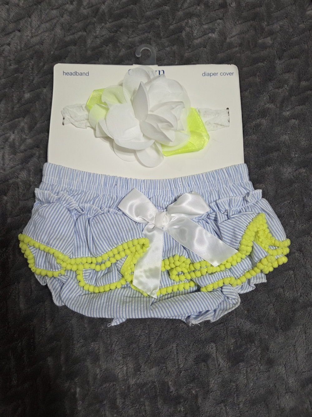 crown & ivy Blue Stripe Ruffle Diaper Cover with Neon Yellow Trim & White Bow